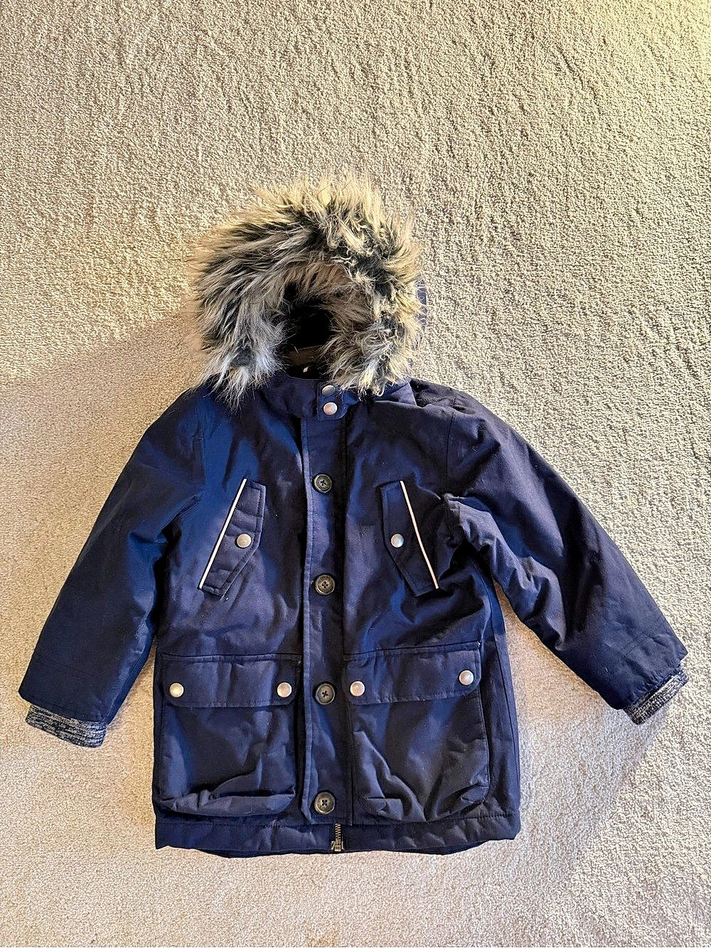 Mini Boden Authentic Waterproof Hooded Parka Coat Boys 4-5Y Blue & Green Camo